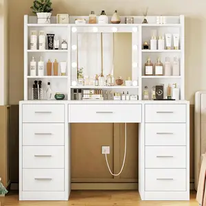 Makeup Vanity Desk with Mirror, 6 Adjustable Brightness Lighting Modes, Power Outlet, and 6 Open Storage Shelves for Indoor Furniture Use