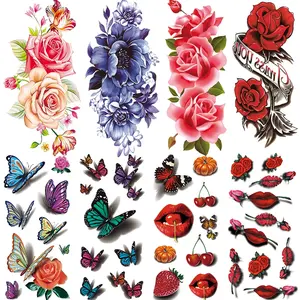 8 Colorful Peony Rose Temporary Tattoos, 3D Butterfly Cherry Lips Watercolor Fake Tattoo Stickers for Women Arms Sleeves