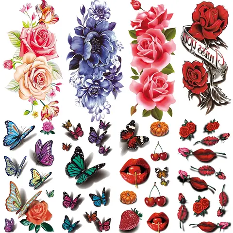 8 Colorful Peony Rose Temporary Tattoos, 3D Butterfly Cherry Lips Watercolor Fake Tattoo Stickers for Women Arms Sleeves, Aesthetic Tattoo Merch, Waterproof Temporary Tattoos