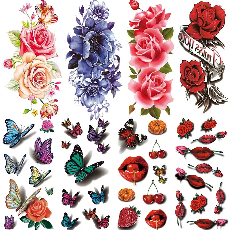 8 Colorful Peony Rose Temporary Tattoos, 3D Butterfly Cherry Lips Watercolor Fake Tattoo Stickers for Women Arms Sleeves, Aesthetic Tattoo Merch, Waterproof Temporary Tattoos