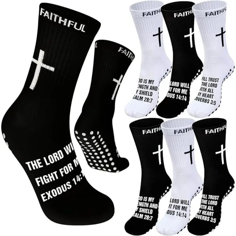 Men's Athletic Socks - 2/4 Pairs Bundle Mid-Calf, Anti-Slip Rubber Dot Grip, Cross Motif, Christian Bible Scripture Faith, Polyester Mix, 1 Size Fits All, Football Accessory, Youth Version, Bundle Mid-Calf Socks