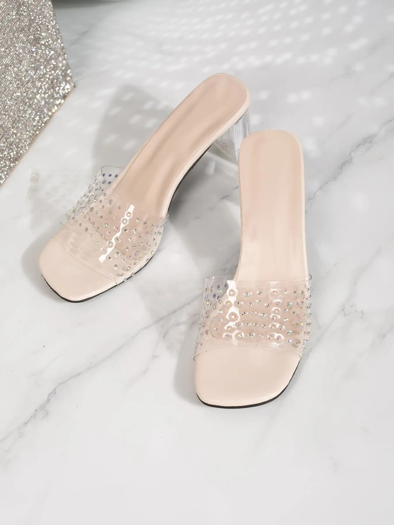 Women's Office-Ready Rhinestone Transparent Strap Block Heel Slides, Open Toe Slip-On Sandals, Professional Wear Mid Heel Footwear, Versatile Low-Profile Work Heels, Comfortable All-Day Wear, Suitable for Business & Daily Office