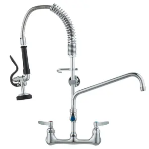 Commercial Pre Rinse Faucet with Sprayer, 25 Inch Wall Mount Kitchen Faucet, Brass Commercial Sink Faucet with 12 Inch Swing Spout, Hot and Cold Dual Handle Faucet for 1 2 3 Compartment Sink
