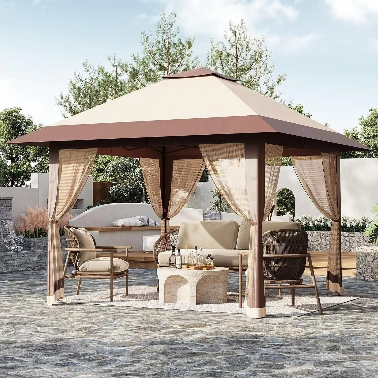 13x13 ft Pop Up Gazebo, Portable Outdoor Shade Canopy with Steel Frame, Double Roof & Mosquito Netting for Backyard BBQ & Garden Parties, Portable Instant Canopy, Beach Cabana, Campfire / Bbq Party, Tool-Free, Canopy Top