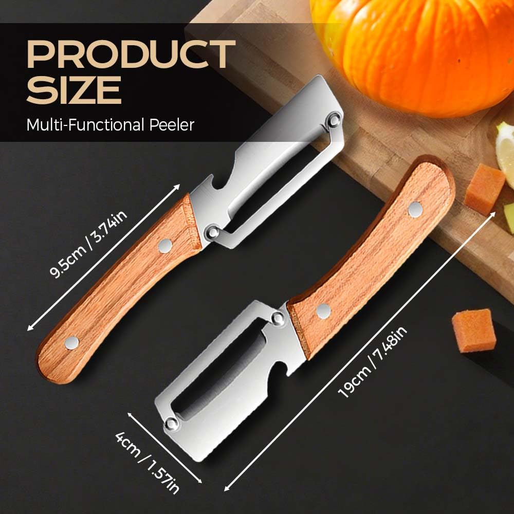 Multi-Functional Vegetable Peeler for Kitchen, New Stainless Steel Peeler with Wooden Handle and Bottle Opener, Kitchen Tool for Fruit Veggie Pumpkin, Gifts for Mom (2PCS) Lightweight Portable