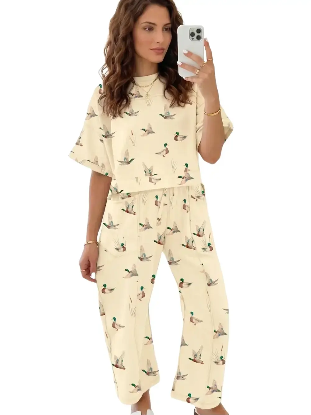 PHEFEE Women's 2 Piece Outfits Duck Print Short Sleeve Top and High Waisted Wide Leg Pants Set Casual Lounge Sweatsuit with Pockets