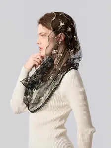 Floral Embroidered Spanish Headscarf, Classic Style Church Veil, Latin Vintage Women's Mass Scarf, Elegant Religious Accessory
