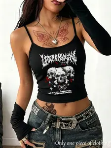 Y2K Gothic Style Skull Letter Print Adjustable Strap Top, Slim-Fitting Sleeveless Crop Tank for Spring & Summer, Streetwear Fashion