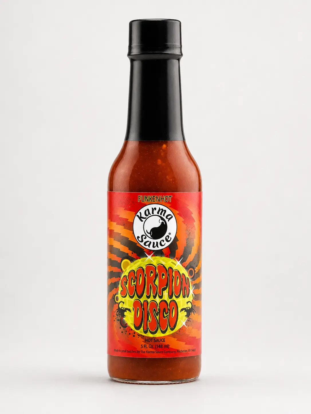 Karma Sauce | Scorpion Disco Hot Sauce 5 fl oz, Cuisine Versatile, suitable for multiple cuisines, Additive Free, peppers, Trinidad Scorpion, Ghost, and Chocolate Habanero peppers; gluten-free and non-GMO, chili