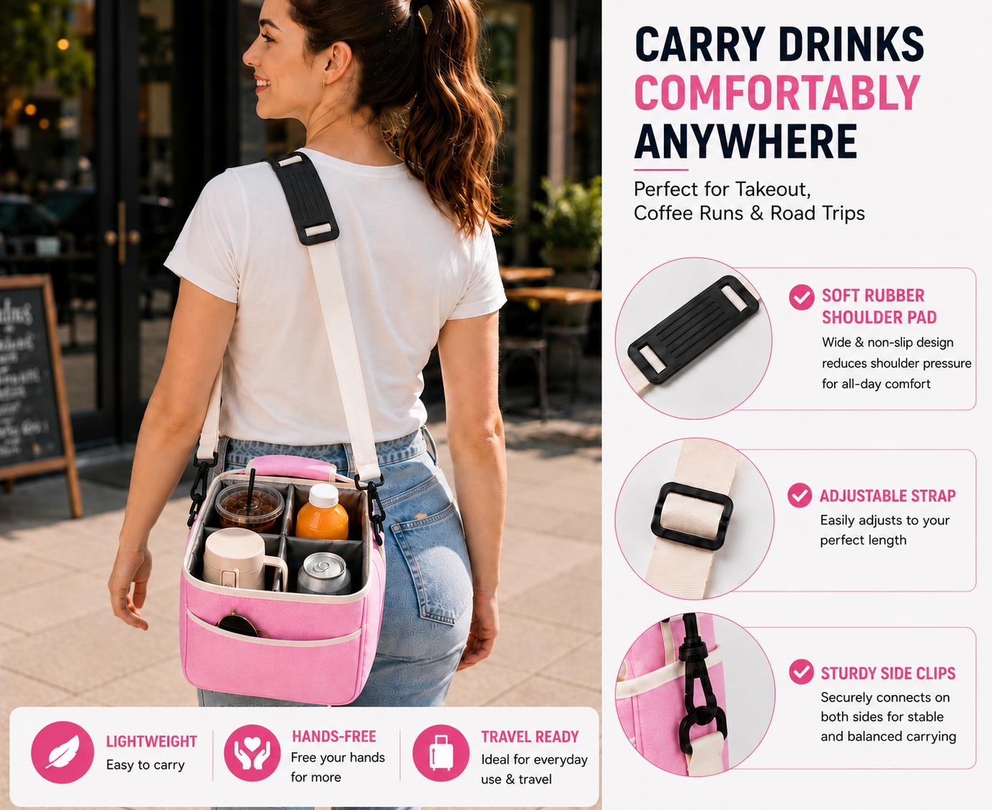 Adjustable Dividers Drink Tote - 4/6-Cup Beverage Carrier Bag with Adjustable Straps, Removable Dividers, Comfortable Handle, Stable on the Go, Outdoor Travel Organizers for Coffee, Tumbler, Office Lunch, Camping Picnic Takeout Adjustable Dividers Drink Tote - 4/6-Cup Beverage Carrier Bag with Adjustable Straps, Removable Dividers, Comfortable Handle, Stable on the Go, Outdoor Travel Organizers for Coffee, Tumbler, Office Lunch, Camping Picnic Takeout
