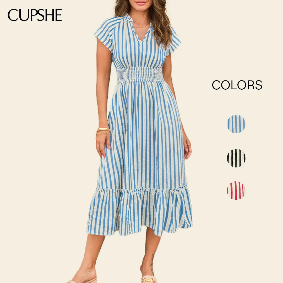 CUPSHE Women's Midi Dress, Striped Short Sleeve Notched Neck Dress, Smocked Waist Flowy Casual Summer Dress for Women, Beach Vacation Outfit, Resort Wear, Everyday Holiday Style#tiktokshopbacktoschool