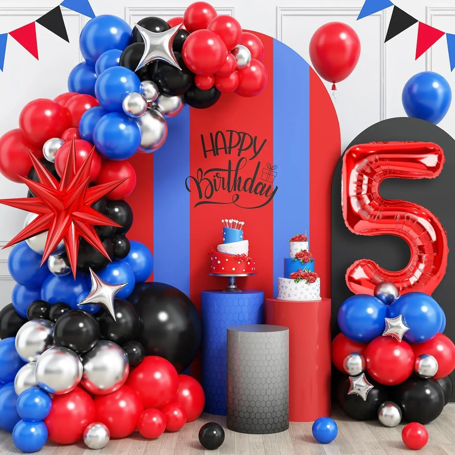 Royal Blue Red Black 5th Birthday Balloon Arch Kit With Number 5 Tower