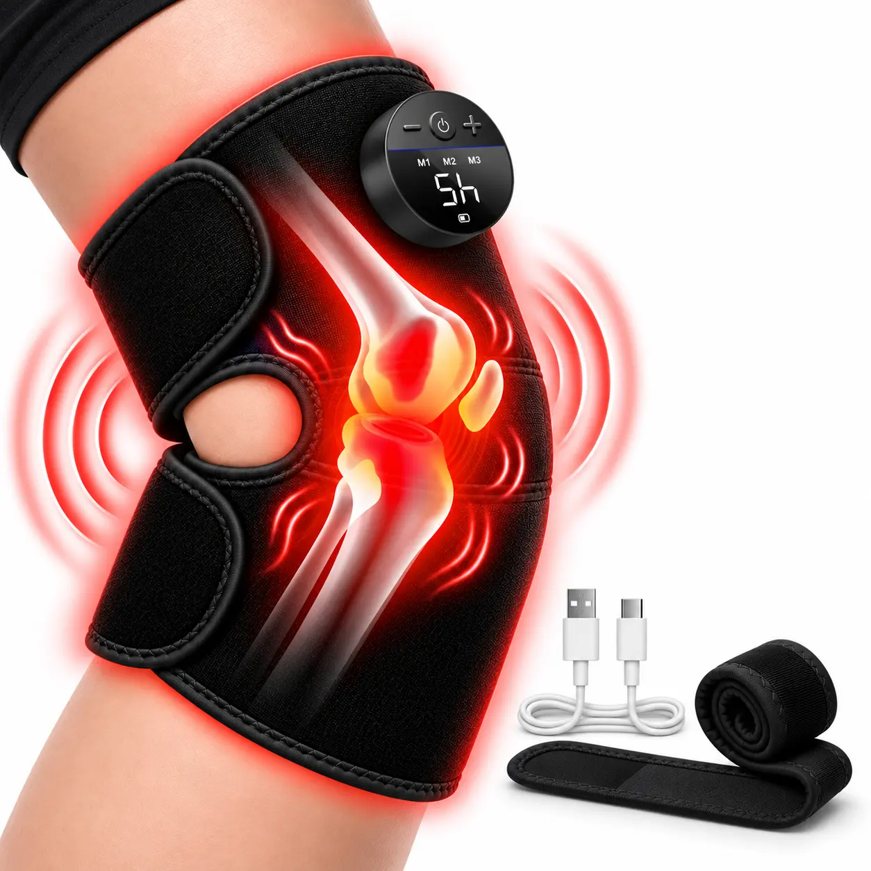 Medcursor Red Light Therapy Knee Brace with Massage - Adjustable, Cordless, 3 Vibration Modes, 5 Heating Levels, Lightweight for Elbows, USB Port, 2000 mAh Battery, ASMR Relaxation Device, Knee Pain Relief, Gifts for Him, Father's Day, Adults