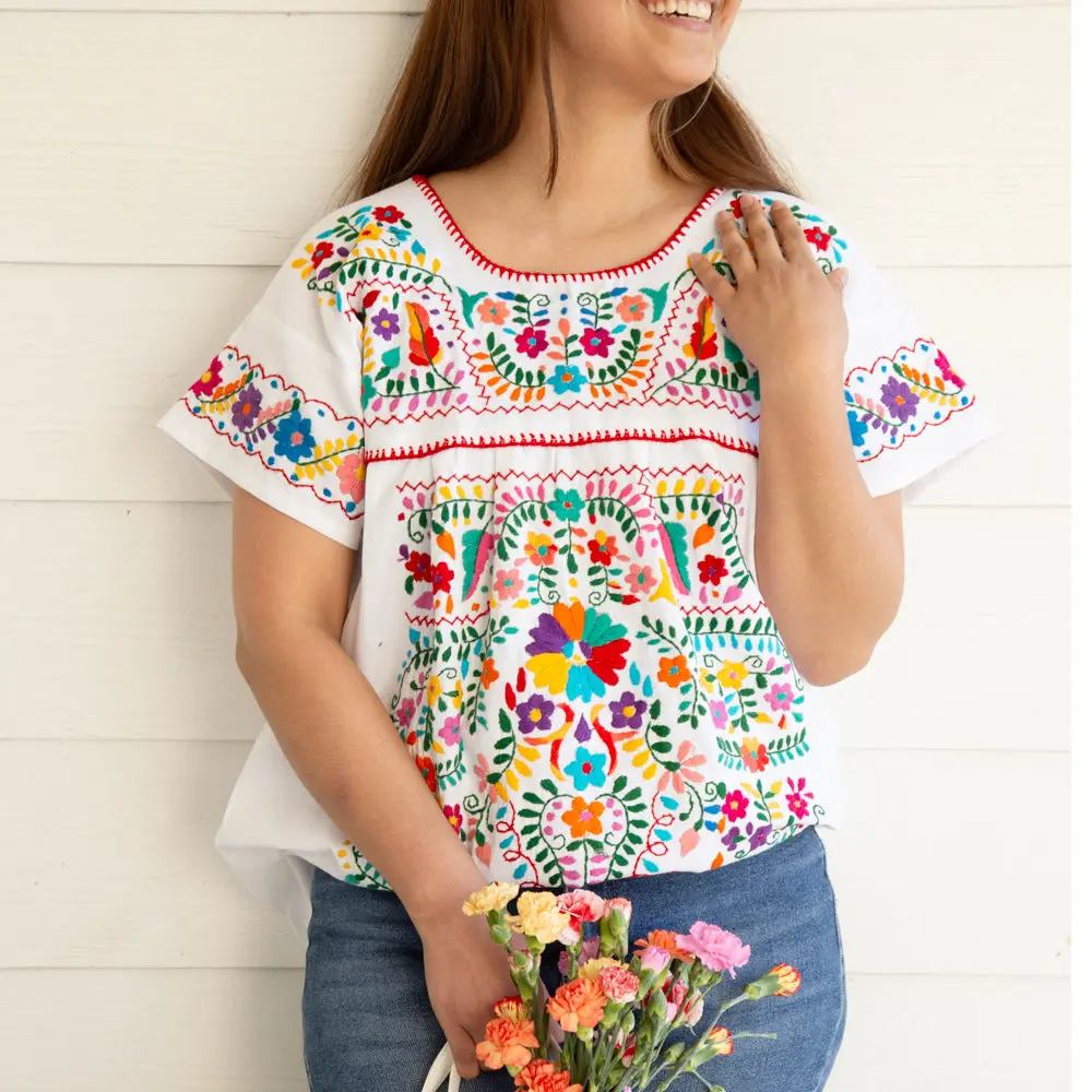Women's Chilac Mexican Blouse - 100% Cotton Hand-Embroidered Floral Puebla-Style Short-Sleeve Round Neck Casual Loose-Fit Breathable Sun Shirt, Dress Casual Versatile Womenswear Accessory (Size Large)