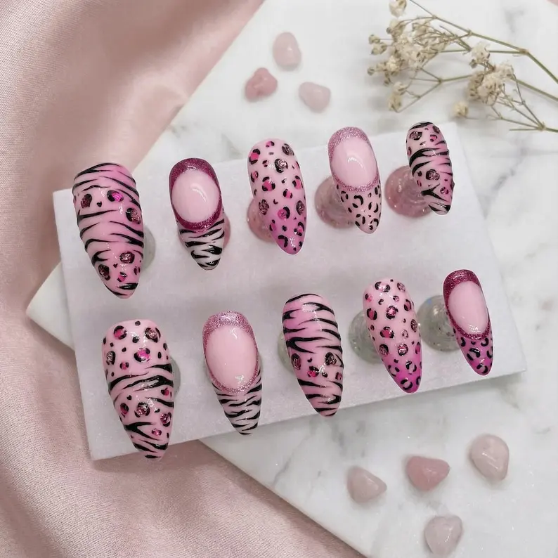 Y2K Press On Nails: Pink Zebra Leopard Print Gyaru Blink Nail Set