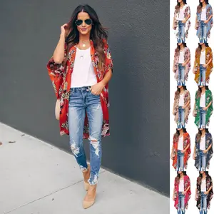 Danedvi Womens Oversized Floral Kimono Cardigans Summer Casual Batwing Sleeve Shawl Chiffon Open Front Cover up