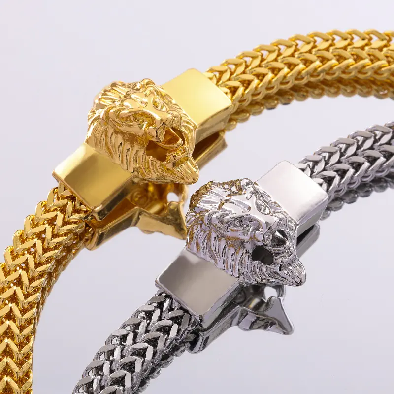 Men's Hip-Hop Style Lion Head Bracelet, 4*8mm Stainless Steel Chain Artificial Gemstone Jewelry Accessory