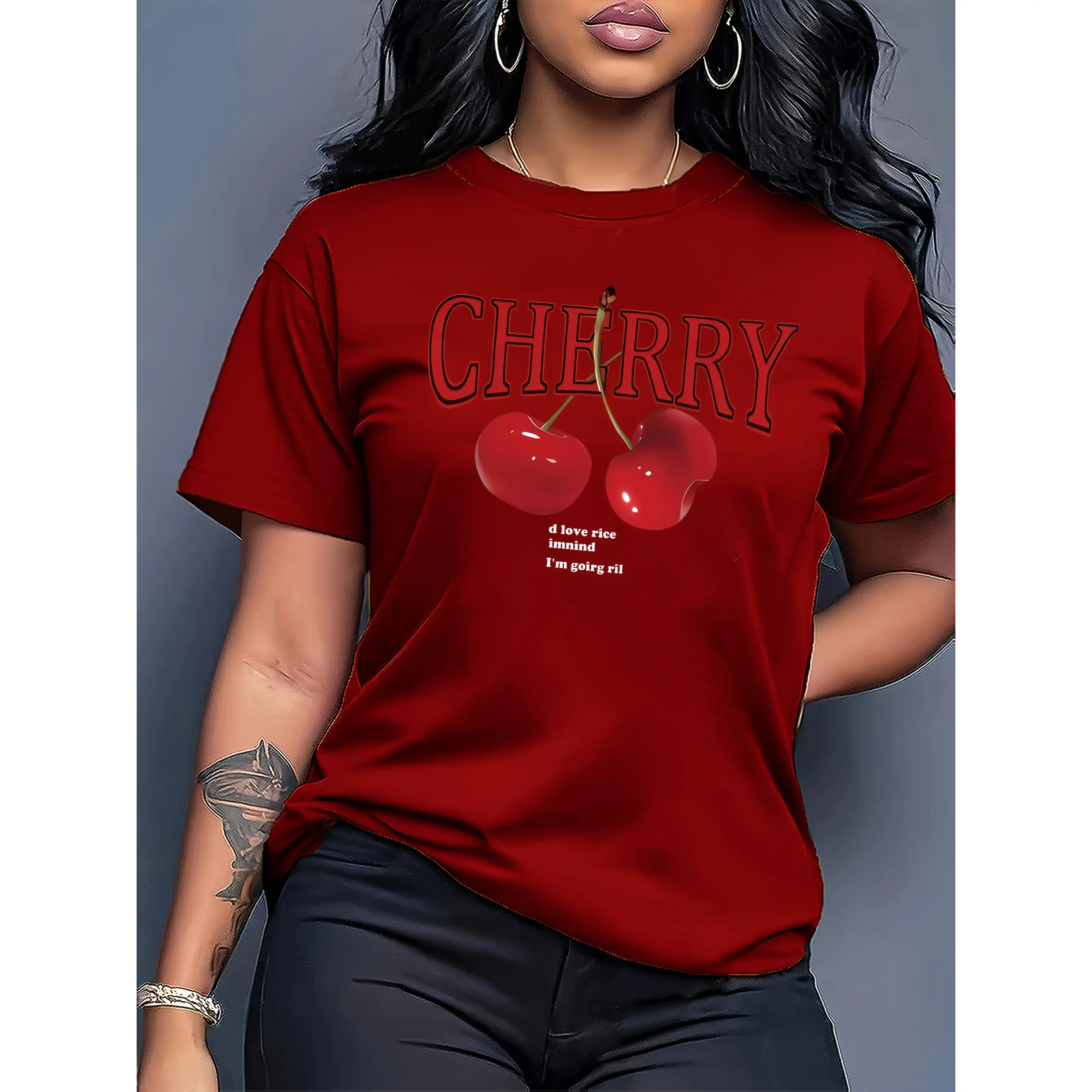 100% Cotton Exquisite Cherry Print Casual Round Neck Women's Short Sleeve Spring Summer Top Knitting Medium country concert outfits shirts women vintage graphic tees casual outfits women