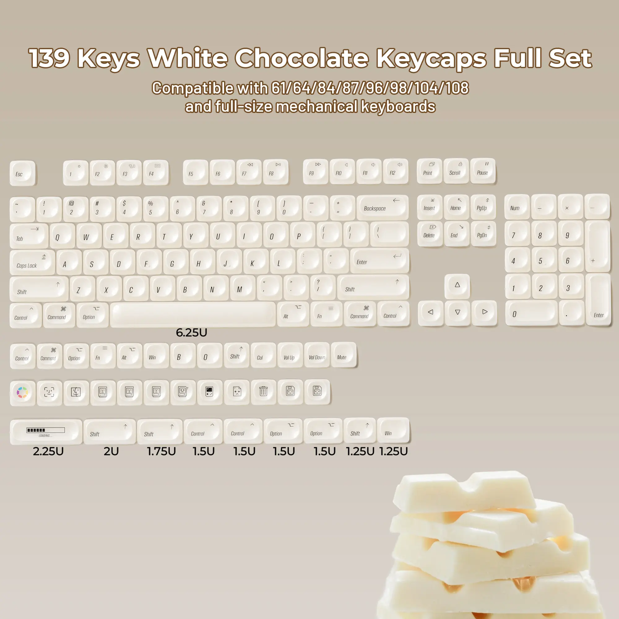 XVX White Chocolate MOA Profile Custom Cute Ceramic-Textured Keycaps Full Set for MX Switches 139-keys（Keycaps Only, Keyboard Not Included）