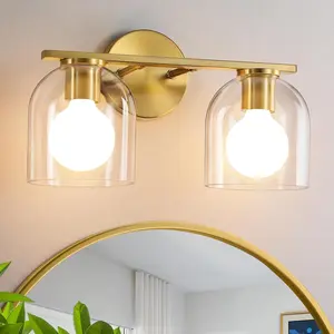 Bathroom Vanity Light Fixtures: 14.2 Inch Modern  Bathroom Light Fixtures Over Mirror with Clear Glass Shade, Brushed  2 Light Wall Mount Sconces Above Mirror