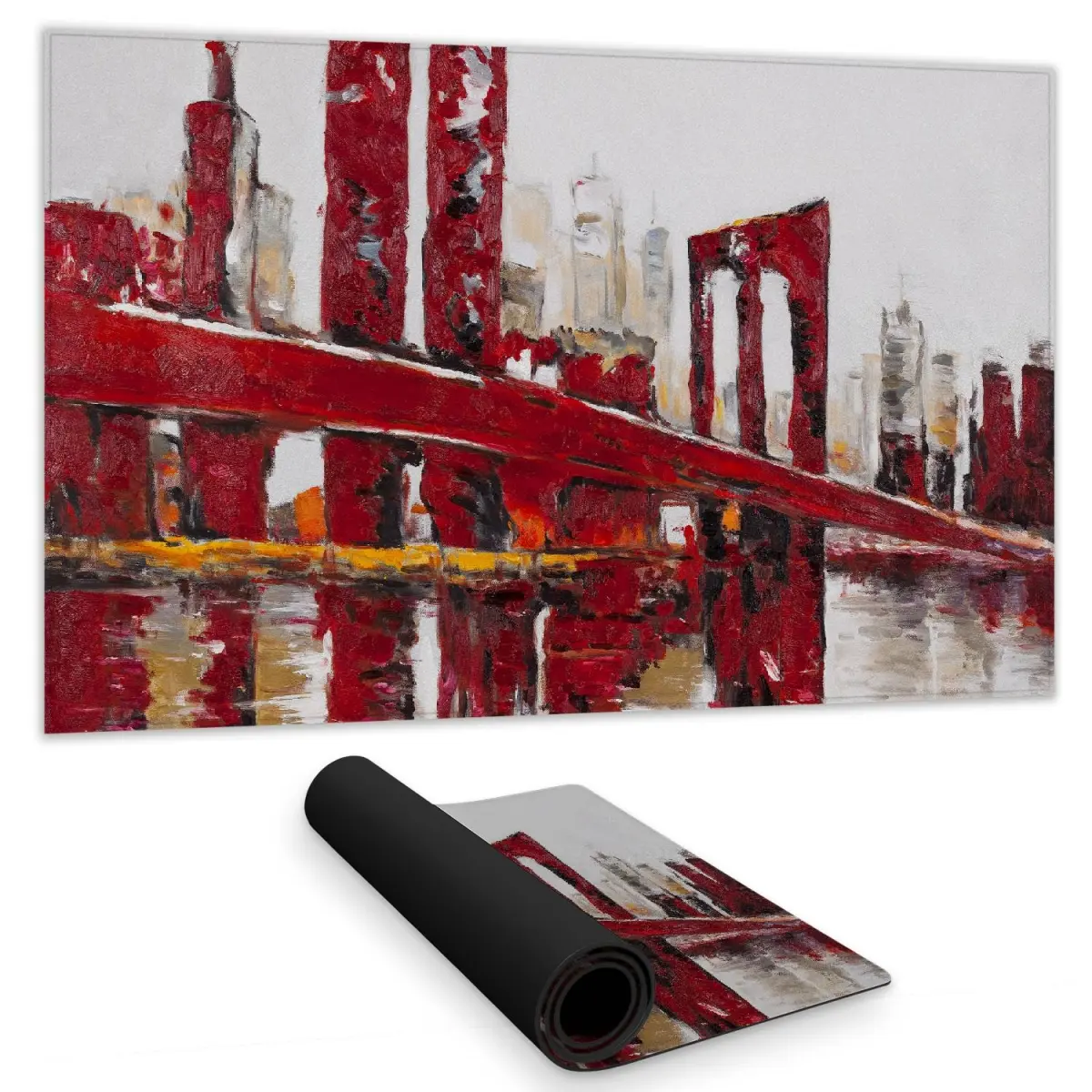 14x24 in. Water Repellent 360-Degree Stand Desk Mat - Durable Material, Rubber Back for Desk Protection, Abstract Red Bridge Cityscape, White Building Modern Industrial Urban Charm Home Decor