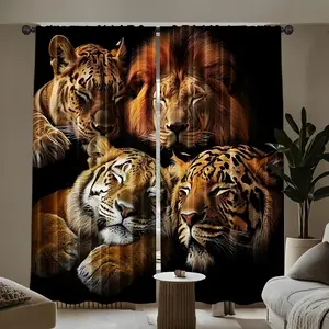 2-piece set of leopard print forest beast pattern curtains, leopard tiger lion pattern, semi transparent polyester curtains, easy to install, suitable for home decoration such as bedrooms, living rooms, study rooms, offices, etc.