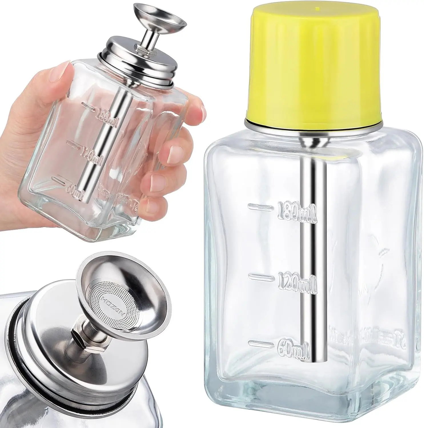 Noverlife 6Oz / 180ml Glass Push Down Pump Dispenser w/Copper Core, Acetone Pump Dispenser Alcohol Dispenser Push Down, Nail Polish Remover Pump Dispenser Bottle Push Down Hand Pumping Press Container