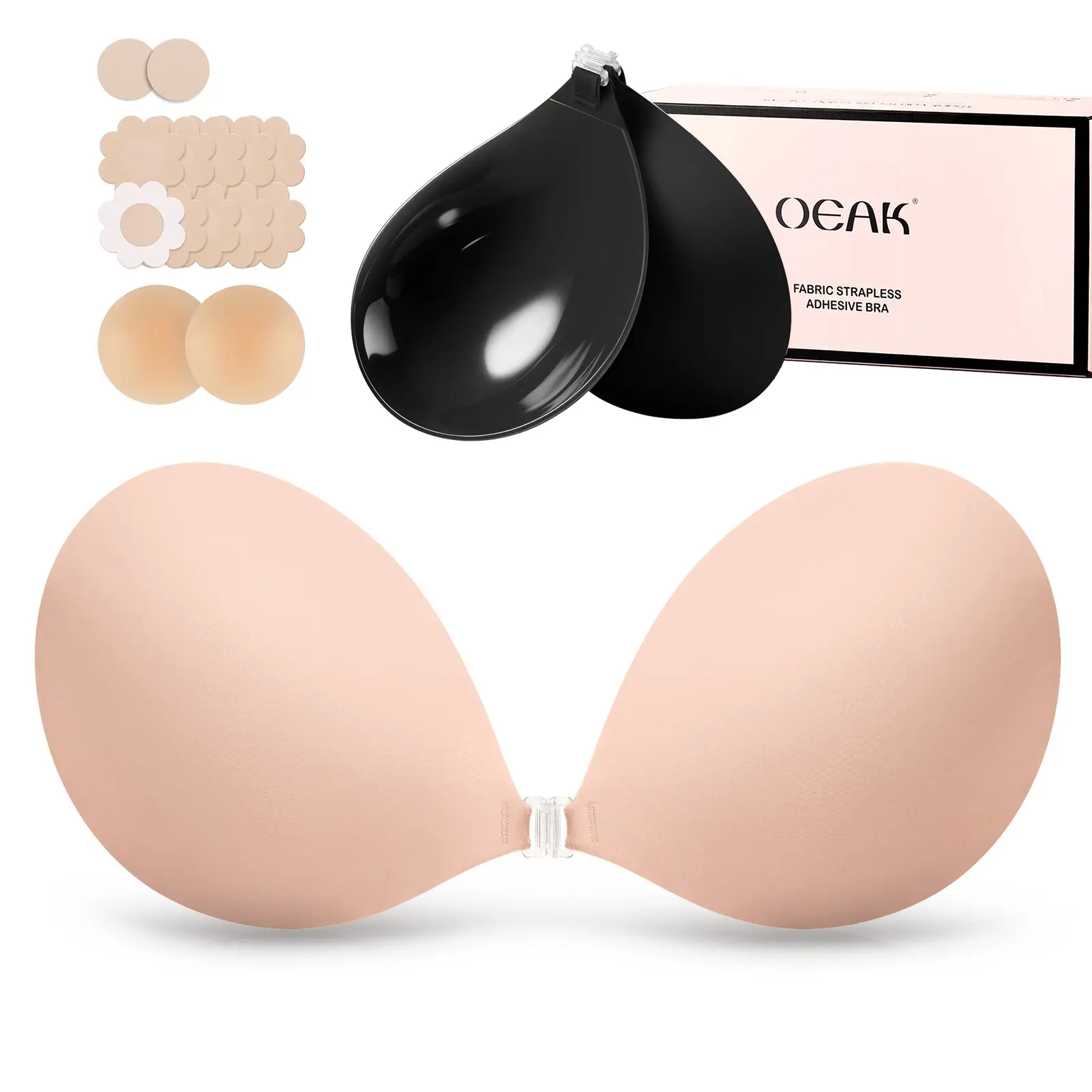 OEAK Adhesive Bra Strapless Sticky Invisible Silicone Push up Bra Reusable Cleavage Lift Nipple Covers for Backless Dress A Pair