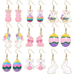 9 Pack Easter Earrings for Women Enamel Colorful Bunny Egg Drop Dangle Earrings Cute Stylish Spring Earrings Holiday Festive Party Jewelry Gift