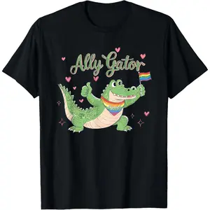 100%cotton Proud Ally Gator Pride Month LGBTQ Alligator Rainbow Flag T-Shirt