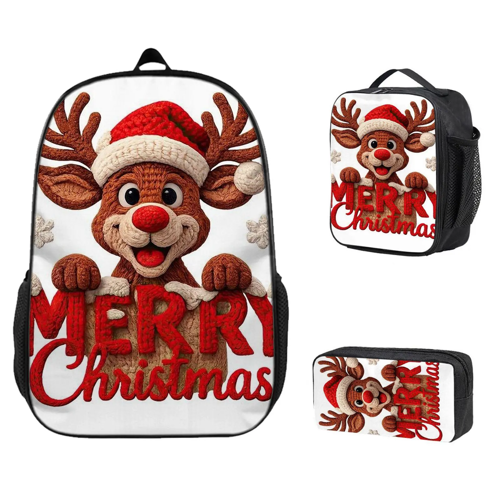 3-Piece Lightweight Casual Backpack Set - Insulated Meal Bag, Pencil Case,Merry Christmas, Knitted Reindeer, Festive Holiday PrintAnime gifts, children will definitely love high-quality backpacks