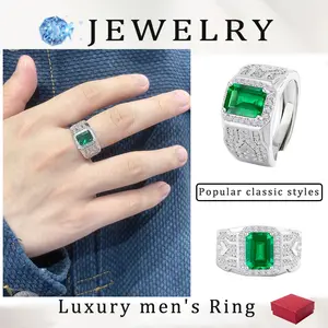 Men’s Vintage Adjustable Rectangle Ring｜6×8MM Teal Cubic Zirconia Birthstone Design｜Luxury Crystal Statement Jewelry Gift for Men – Fashion Party Accessory