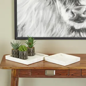 Set of 2 Marble Minimalistic Square Living Room Decor Tray with Raised Border Set of 2 10", 8"W