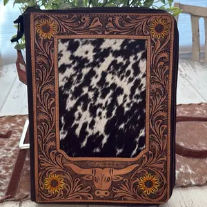 Sunflower Tooled Leather Portfolio with Sunflower Motif and Cattle Hair Pattern