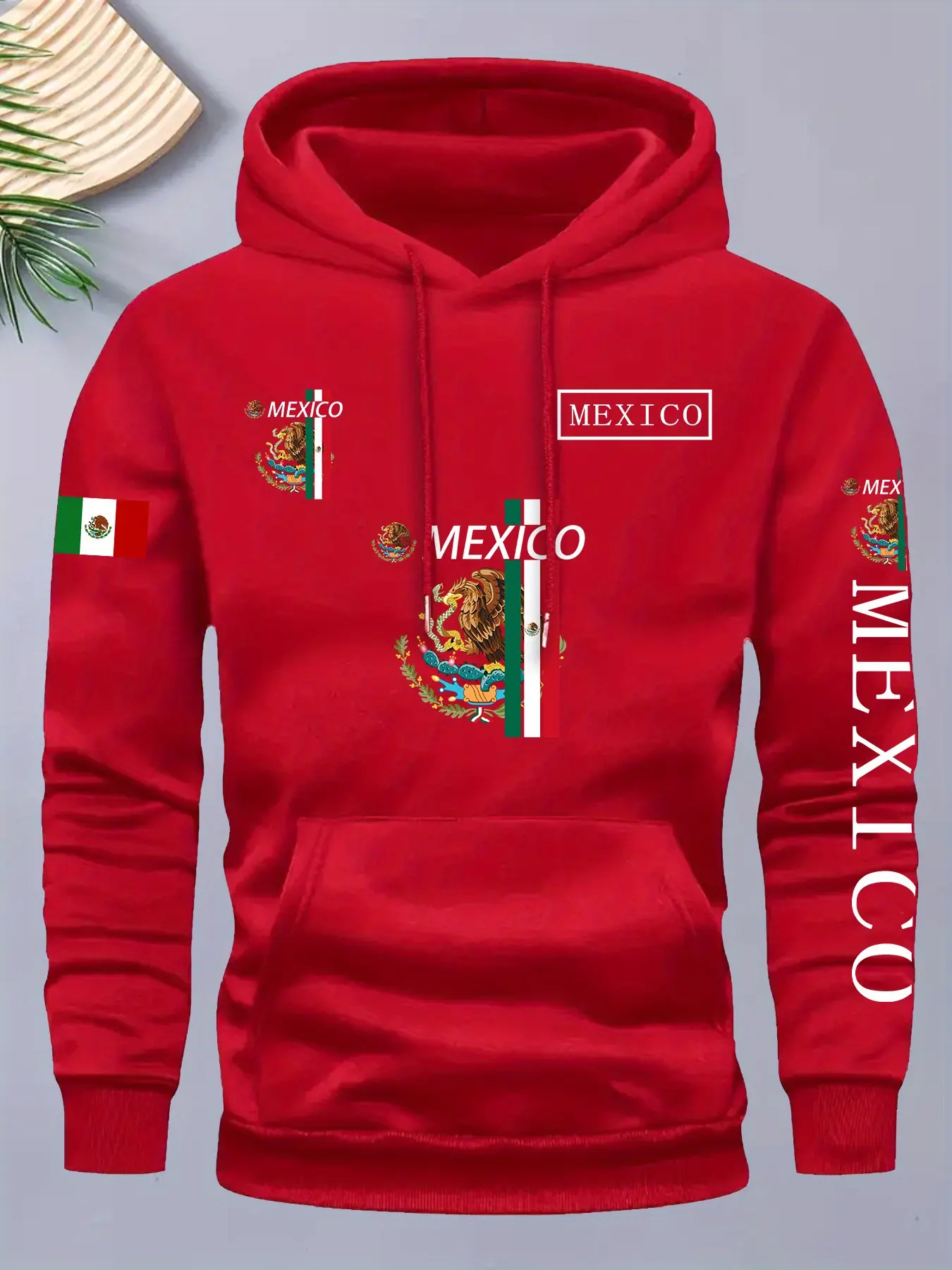 Men's Mexico Theme Graphic Hoodie, Casual Hooded Sweatshirt, Flag & Coat of Arms Print, Geometric Pattern, Casual Fitted Style, Daily/travel Wear