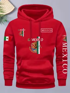 Men's Mexico Theme Hoodie, Casual Hooded Sweatshirt, Flag & Coat of Arms Print, Geometric Pattern, Casual Fitted Style, Daily/travel Wear