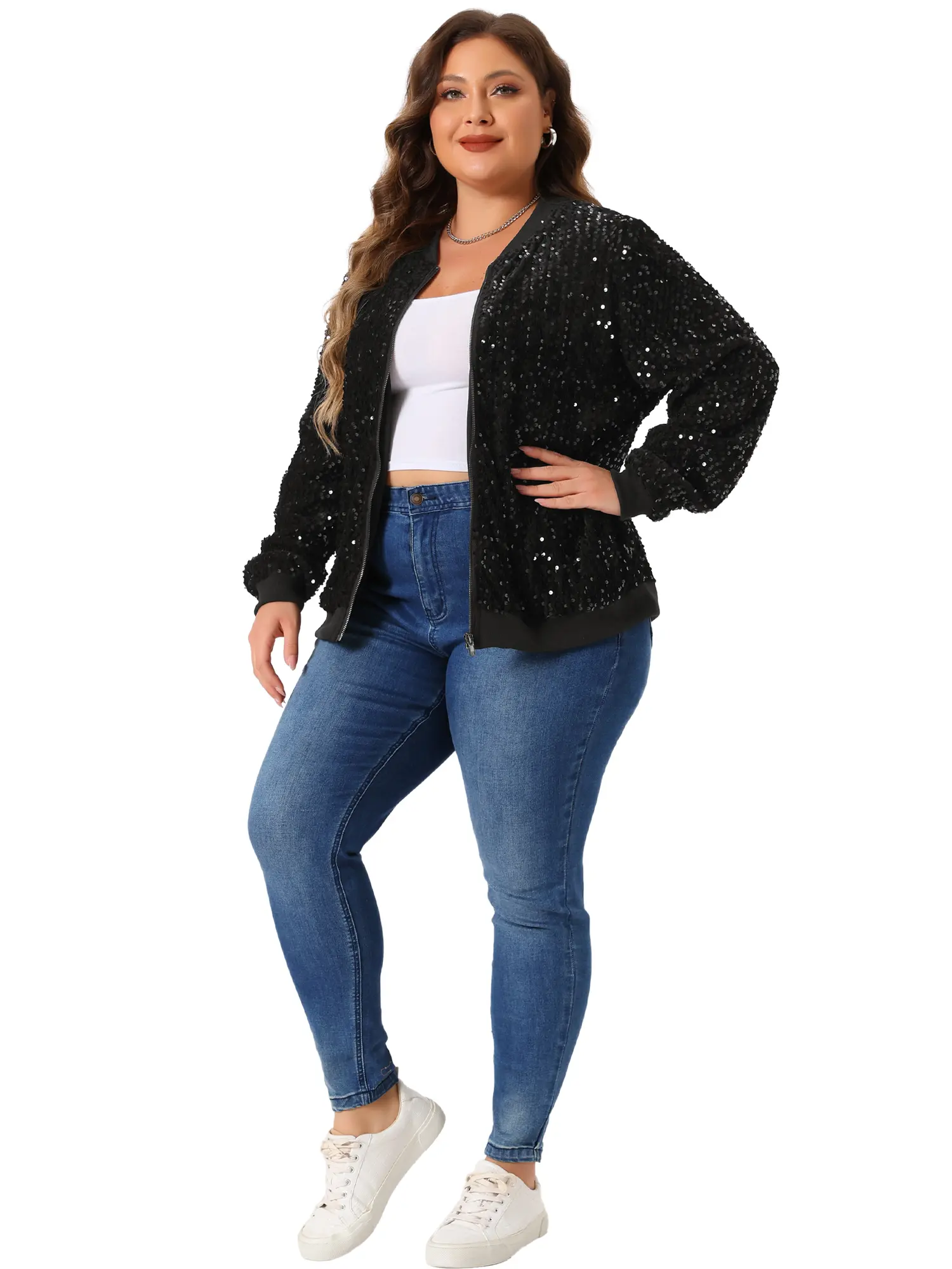 Agnes Orinda Plus Size Sequin Jackets for Women Sparkle Long Sleeve Front Zip Bomber Jacket with Pockets