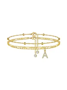 Exquisite Layered Alphabet A-Z Pendant Anklet, Simple Rice Bead & Cuban Link Double-layer Anklet for Women, Adjustable, Waterproof, Hypoallergenic, Fashion Ankle Chain, Gift for Girls, Elegant Fashion Accessories