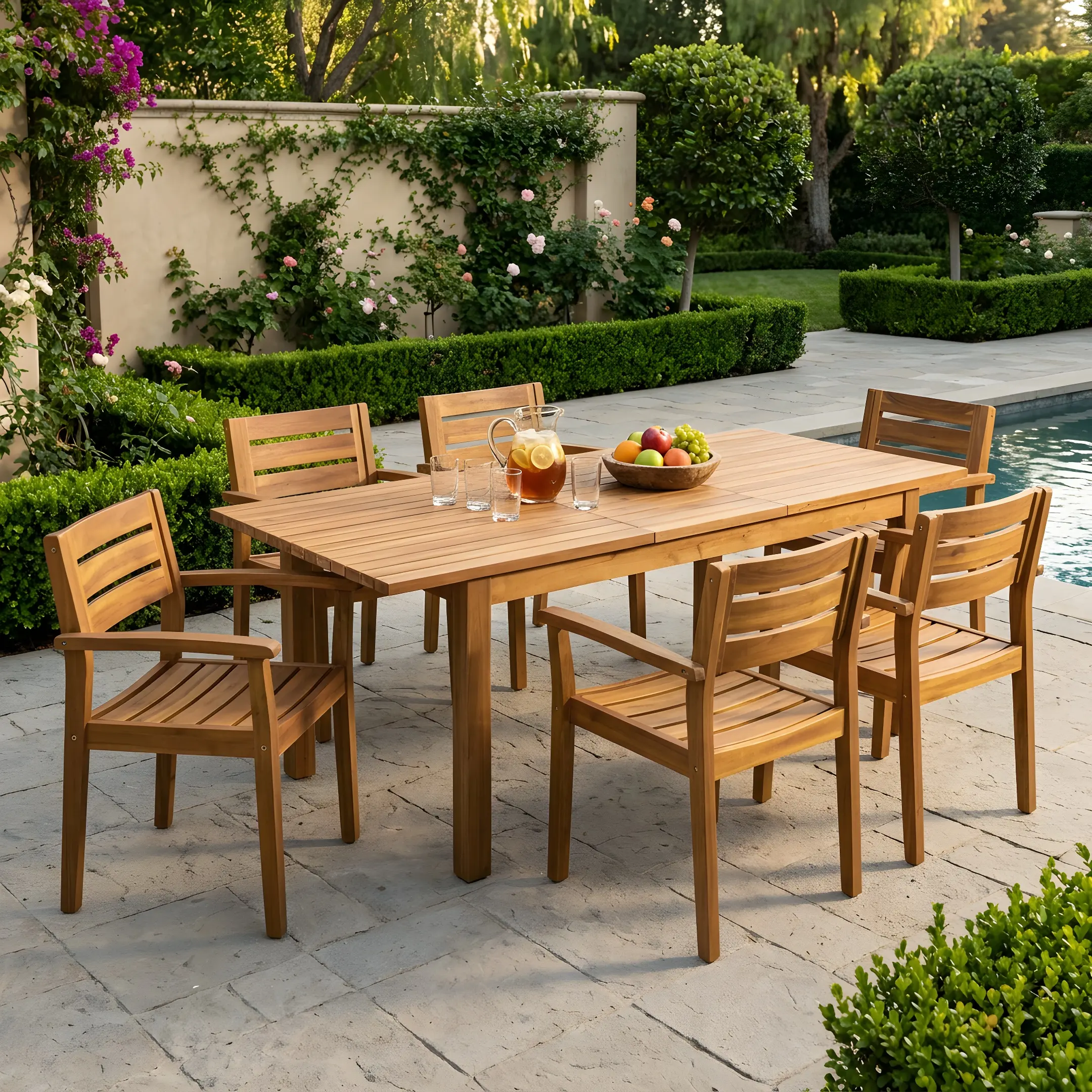 Outdoor Dining Set with Expandable Table and 6 Chairs, Acacia Wood in Teak Finish, Seats 6, for Patio, Deck, Garden, Backyard, Poolside