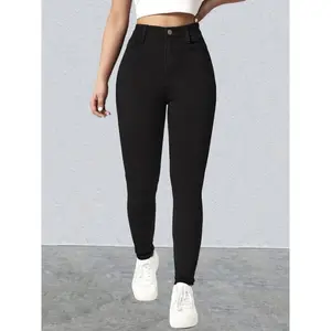 Women's High-Waist Black Stretch Skinny Jeans - Fashionable Slash Pockets, Comfortable Rayon Blend, All-Season Wear