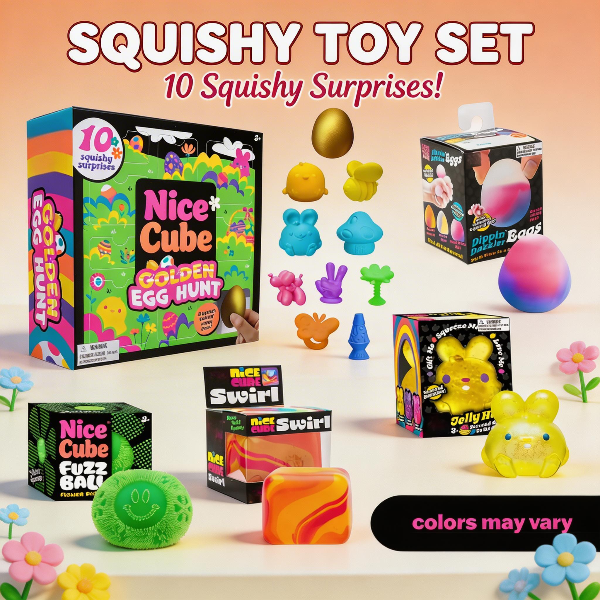 Easter Golden Egg Discovery Set – 5 Squishy Toys with Various Textures & Fillings, Ages 3+