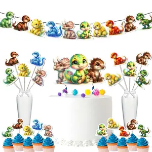 Roaring Dinosaur Party Decor Set - Banner, Cake Topper, Cupcake Toppers & Centerpieces for Jurassic Birthday & Baby Shower