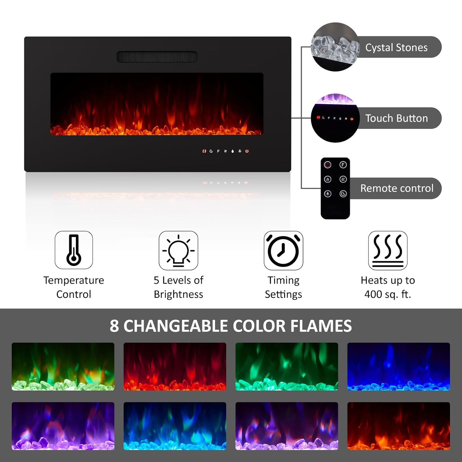 68" Modern High Gloss Fireplace TV Stand, Fireplace Entertainment Center with Fireplace & LED Lights for TVs up to 78",