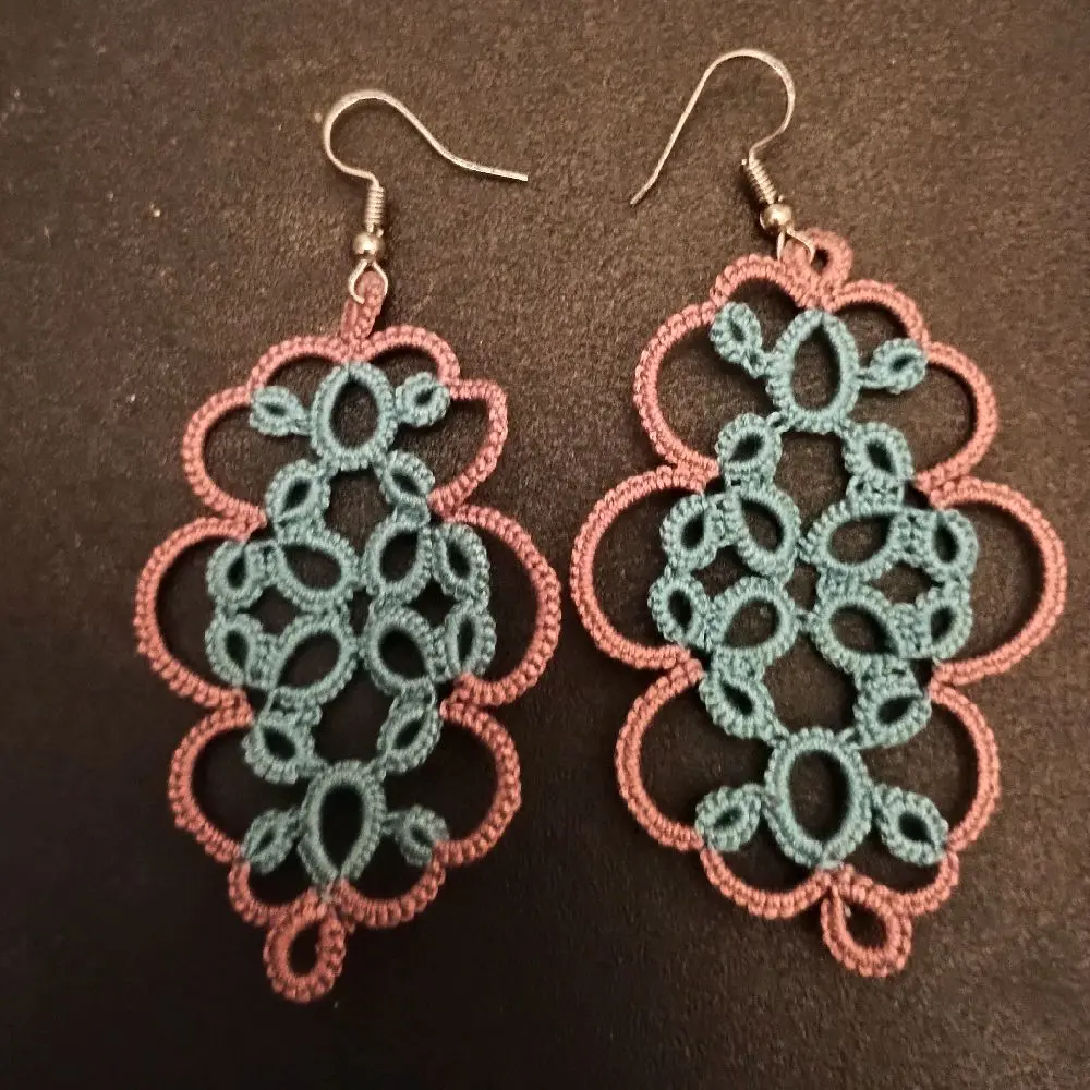 OfLaceAndMaille Handmade Tatted Lace Earrings in Teal and Purple with Intricate Design and Durable Hook