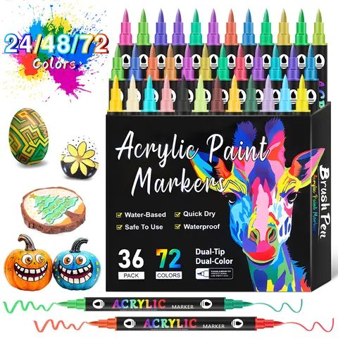 Lrgkcne Acrylic Paint Marker Pens, 12/24/36/48/60-Pack PP Plastic Body Creative Design Tool, Beginner DIY Office Art Supplies for Home Decor, Rock Painting Drawing Ideas