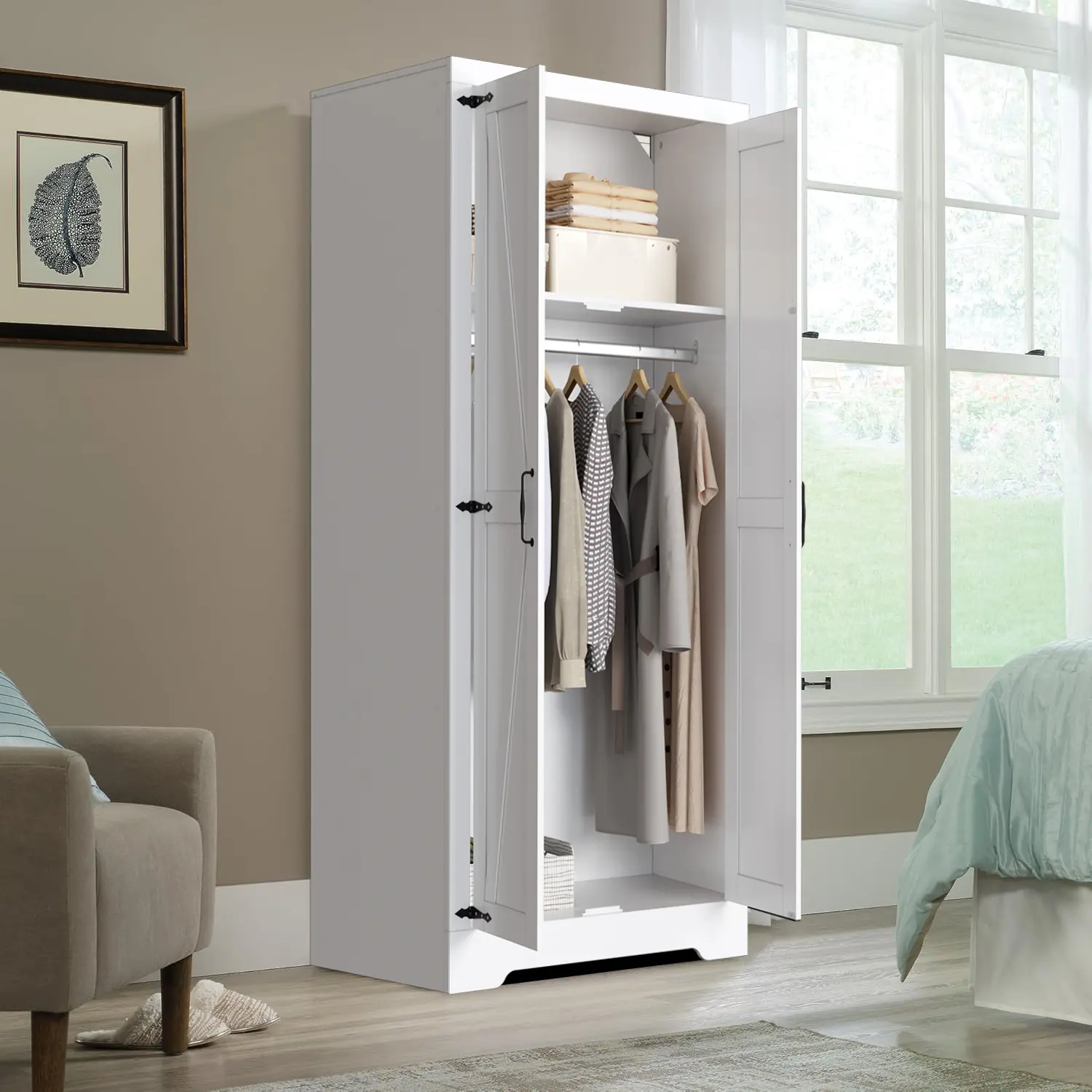 Modern Home Decor MDF Board Double-Door Bedroom Wardrobe Set - Stable Freestanding Armoire, 2 Doors, Shelf-Hang Combo, Dress-Shirt Divider, Anti-Tip Safe, 19.4" d x 31.1" w x 70.8" h 70.8"h Tall, Assembly Required, Indoor Storage for Bedroom,Cloak Room