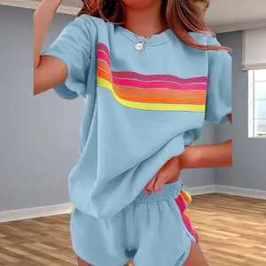 Rainbow Color Block Comfy Two-Piece Stylish Casual Set New Trendy Fashion Look Clothes Fabric Lightweight Loose Fit Womenswear Suits 2 piece sets women comfort sweat set sweatsuit set outfit