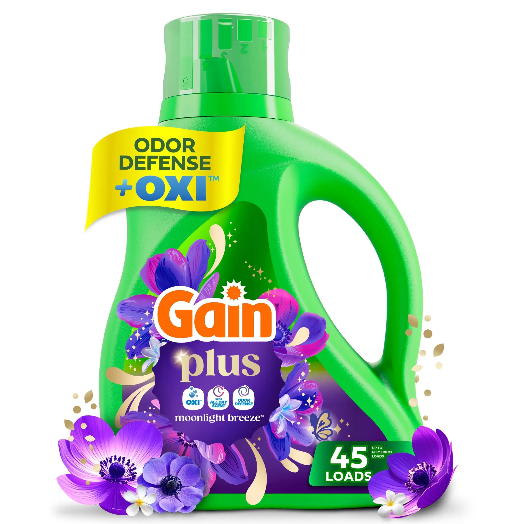 Gain Plus Laundry Detergent Liquid, Now with Odor Defense + OXI, Moonlight Breeze Scent, 60 fl oz, 45 Loads
