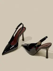 Shiny Backless High Heel Shoes for Women, Slim Heel Pointed Toe, Elegant Office High Heel Sandals, Dress Sandals, Chic Summer Footwear, PU Leather, Medium Width