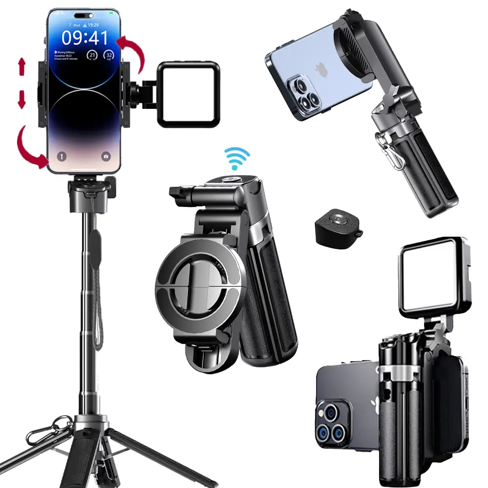USfoture 5-in-1 Magnetic Mini 20.5'' Selfie Stick for iPhone with LED Light. Can Converts into Mini Tripod/Phone Camera Grip/Handheld Stabilizer/Phone Stand. Selfie Stick with Rechargable Remote
